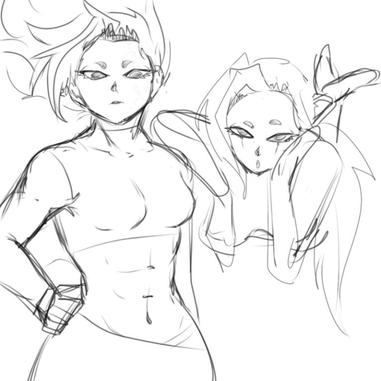 Messy sketch, no background, multiple characters, half body